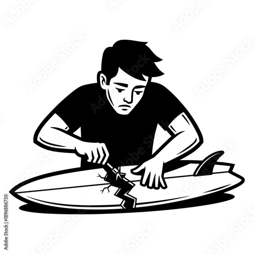 Man repairing broken surfboard with tools.