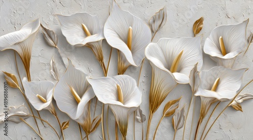 Close-up view of elegant white calla lilies with gold accents and leaves, against a textured, neutral background
