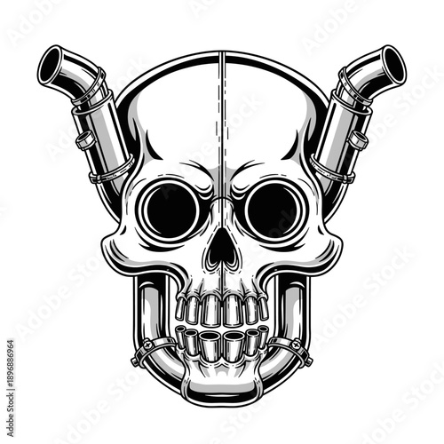 Steampunk Skull with Industrial Pipes and Goggles Illustration.
