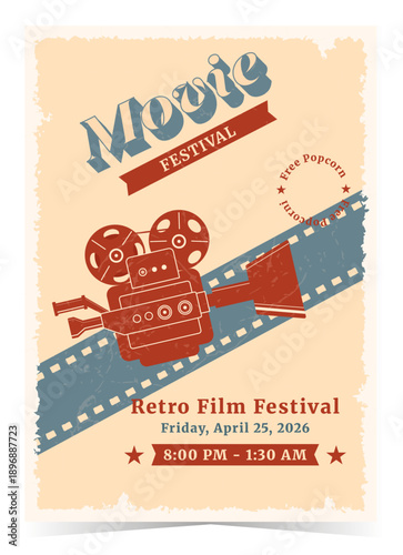 Cinema. Retro film festival poster. Modern minimalist retro illustration with a movie camera.