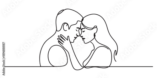 Continuous line drawing of young romantic couple intimately embracing foreheads touching minimal modern outline vector illustration of profound devotion and passion