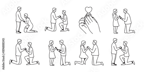 Line art collection of diverse couples proposing featuring same-sex and heterosexual partners kneeling outline drawings of romantic engagement moments with a heart-shaped diamond ring