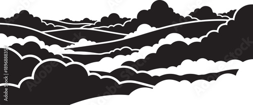 Black and white landscape with rolling hills and clouds