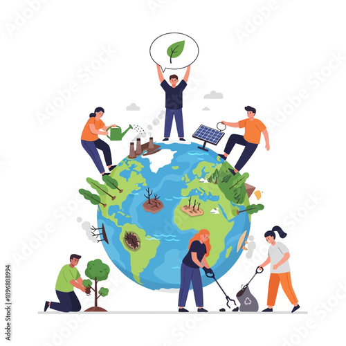 Eco-friendly Earth Day: People caring for planet, planting trees, cleaning, solar energy
