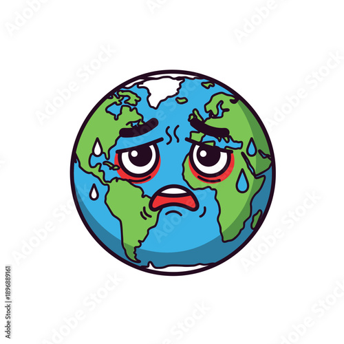 Sad Earth Planet Character with Sweat Drops - Climate Change Concept