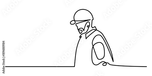 Minimalist line art illustration of engineer man wearing safety helmet for labour day