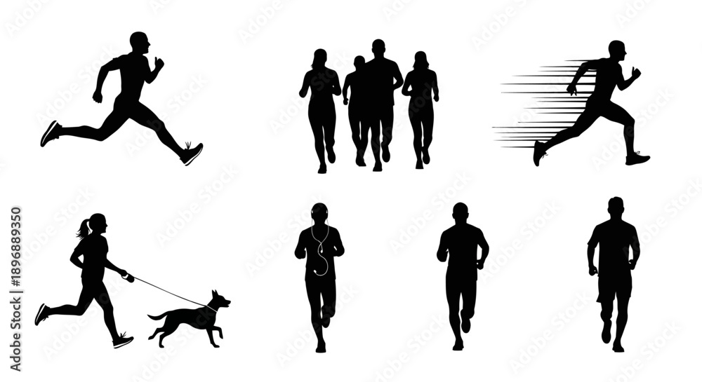 Fototapeta premium Dynamic collection of runner silhouettes featuring a male athlete in mid-stride, diverse groups jogging, and a fast-paced runner with speed lines, illustrating various forms of physical activity