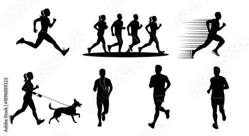 Collection of running people vector silhouettes depicting men and women engaging in sport fitness and active lifestyle activities isolated on white background