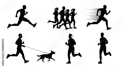 Black silhouettes of running people in diverse styles, including long strides, fast pace, and jogging with a pet, isolated on a clean white background, portraying various athletic activities
