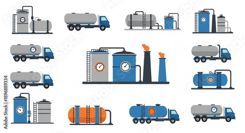 Industrial storage tanks and tanker trucks collection.