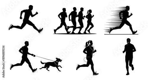 Silhouette collection of runners and joggers including people running with dogs and groups of athletes in motion for fitness and health concepts isolated on white background for graphic design use