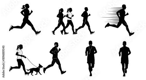Silhouette set of various people running outdoors including person jogging with dog and runners wearing headphones and sports gear flat vector illustration collection for active lifestyle design needs