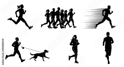 A collection of running silhouettes including a woman running solo, a group of five runners, a fast runner with speed lines, a man jogging with his dog, and another woman runner