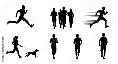 Dynamic collection of runner silhouettes featuring a male athlete in mid-stride, diverse groups jogging, and a fast-paced runner with speed lines, illustrating various forms of physical activity