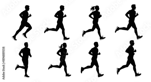 Eight diverse running silhouettes in various poses showcasing men and women jogging, depicting different running styles and a healthy, active lifestyle