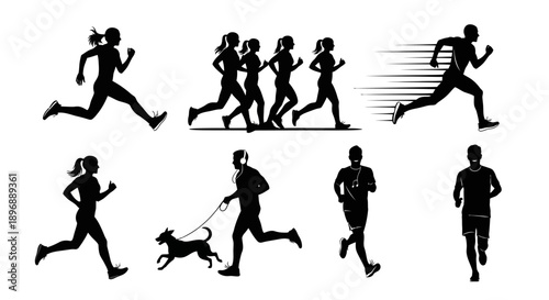 Running people silhouettes sport and activity concept set of various dynamic runners fitness women and men exercising jogger training sprint race with dog marathon isolated on white background