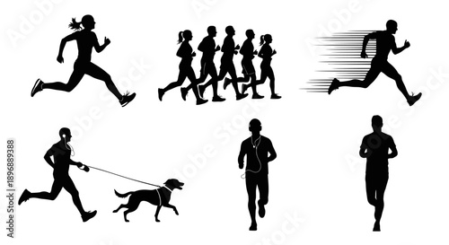 Set of black silhouettes of people running isolated on white background depicting a diverse group of individuals engaging in jogging and various fitness activities