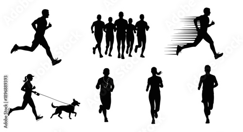 Collection of diverse running silhouettes, featuring solo athletes, group runs, and a person with a pet, ideal for inspiring health and fitness themed designs
