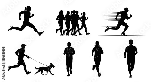 Set of silhouettes showing people running and jogging in various styles including sprinting group runs and pet exercise for athletic branding and fitness marketing materials for healthy lifestyles