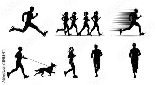 Athletic runner silhouettes collection displaying diverse jogging poses with male and female athletes sprinting together with pets and listening to music during workout sessions for sports projects