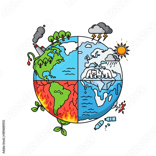 Climate Change: Earth Divided into Four Sections Showing Global Warming, Pollution, Ice Melt, and Natural Disasters