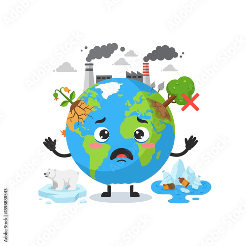 Sad Earth Character Facing Climate Change Effects - Pollution, Drought, Melting Ice