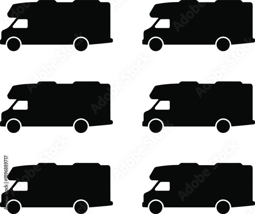 Delivery truck silhouettes set in flat minimal style, black cargo van transport icons isolated on white background for logistics, shipping, business design