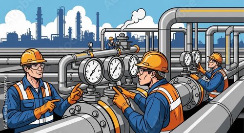 Industrial workers checking gauges on oil and gas pipeline.