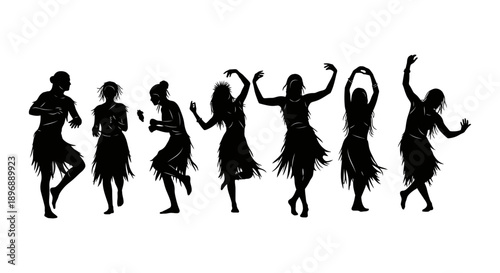 silhouettes of female tribal dancers performing an energetic traditional dance celebrating indigenous cultural heritage and vibrant rhythmic folk.