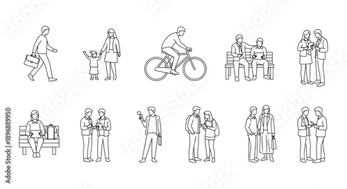 line art illustrations of people in daily urban life walking cycling and interacting with mobile devices reflecting modern communication.