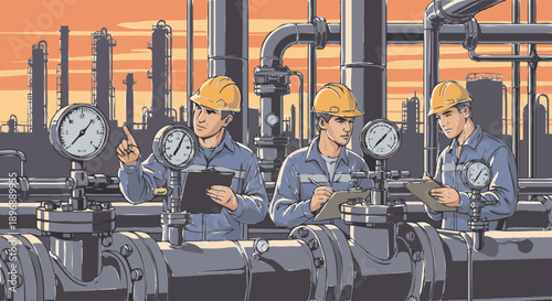 Industrial workers inspecting gauges at a refinery.