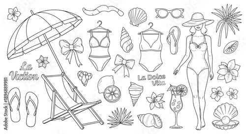 line art summer vacation essentials beach items swimwear tropical elements leisure accessories for coloring books travel designs.