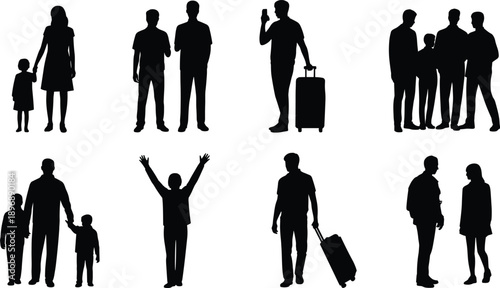 People silhouettes in family and travel scenes, black human figures with children and luggage isolated on white background for lifestyle, social design