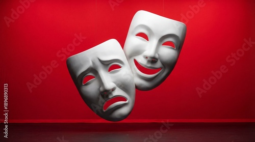 Dramatic masks suspended in mid-air against a vibrant red background, symbolizing the duality of comedy and tragedy