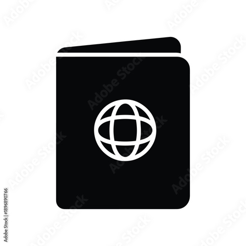 Black silhouette of a passport with a globe icon, symbolizing international travel and identity verification for global journeys and document control