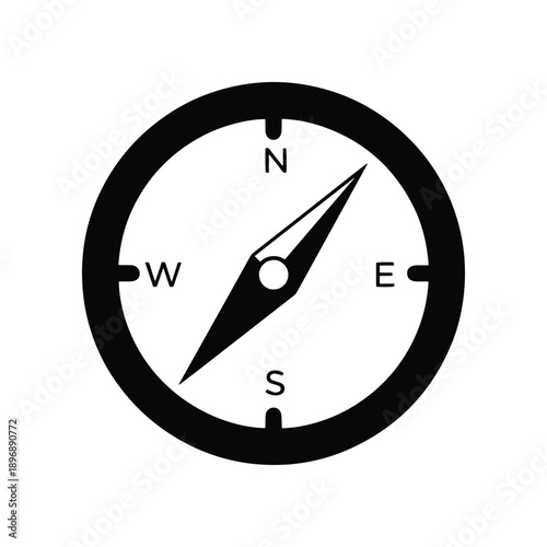 A black and white illustration of a navigational compass indicating North, South, East, and West directions, perfect for travel or directional guidance