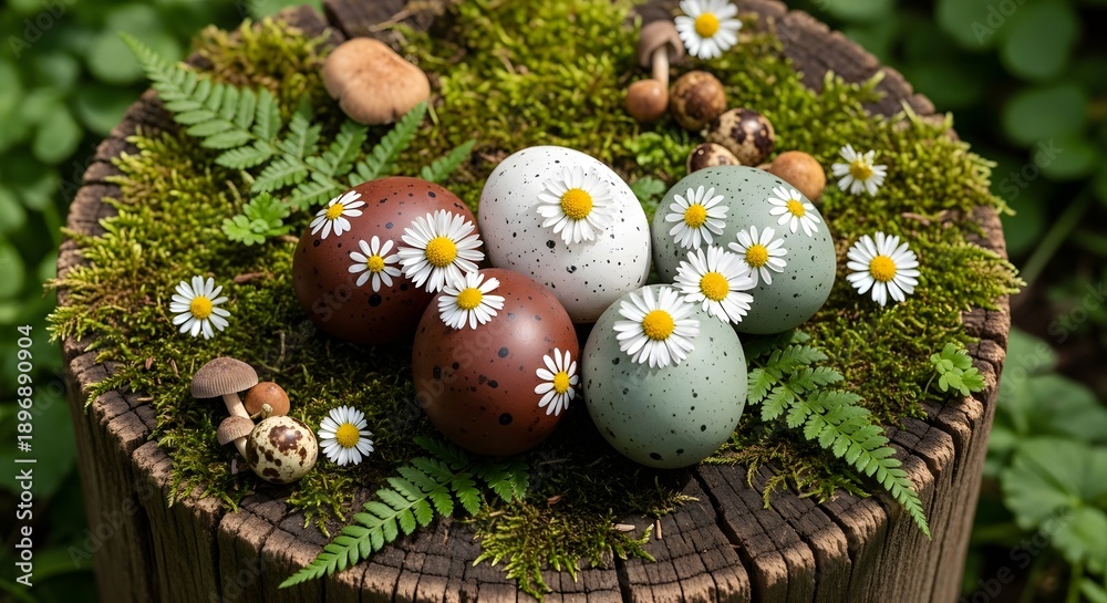 Obraz premium Easter eggs decorated with daisies on mossy tree stump