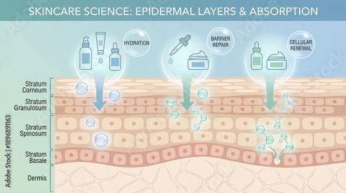 Epidermal layers hydration barrier repair and cellular renewal are illustrated with skincare absorption through stratum corneum stratum granulosum stratum spinosum stratum basale and dermis