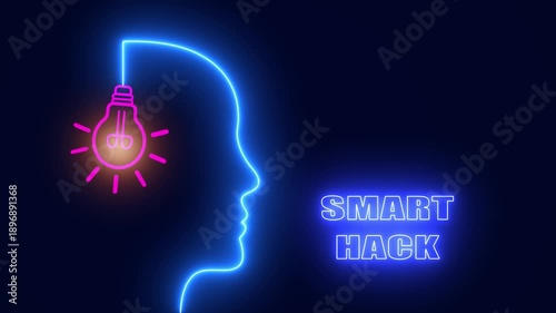 Smart hack neon head with glowing bulb for clever lifestyle solutions and intelligent problem solving in daily life reels