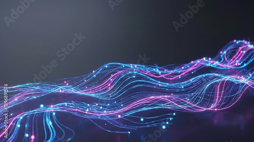 Abstract Data Stream Flowing Neon Lines Nodes, Modern Technology Background Image