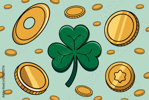 Cartoon illustration of a vibrant green shamrock surrounded by numerous golden coins on a light blue background, symbolizing luck and wealth.