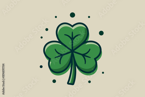 A stylized three-leaf green shamrock with a dark outline and small scattered dots on a light beige background, symbolizing luck and St. Patrick's Day.