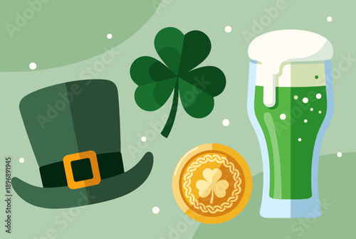 A vibrant illustration of St. Patrick's Day symbols including a leprechaun hat, shamrock, green beer, and a gold coin on a light green background.
