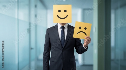 Man holding emotional expressions in a corporate setting