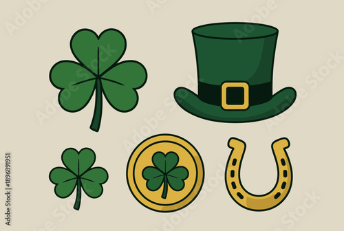 A collection of traditional St. Patrick's Day symbols including shamrocks, a leprechaun hat, a gold coin, and a lucky horseshoe, all set against a light background.