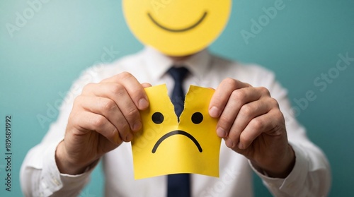 A person holding a sad face note in front of a bright blue background