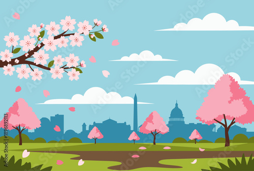 Beautiful spring landscape with cherry blossoms, falling petals, and the Washington D.C. skyline featuring the Monument and Capitol.