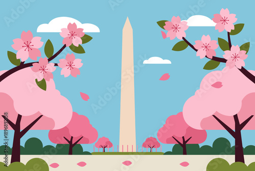 Flat illustration of the Washington Monument framed by vibrant pink cherry blossom trees under a clear blue sky, with petals falling.