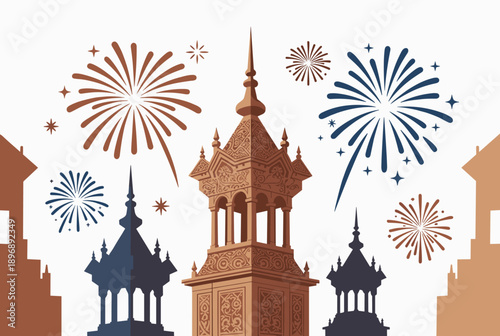 Stylized illustration of ornate towers and minarets with colorful fireworks exploding in the night sky, celebrating a festive cultural event.