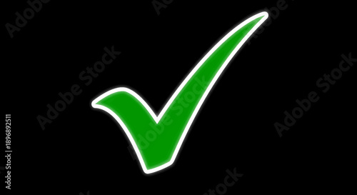Green checkmark symbol with a bright white outline on a plain black background signifying correctness or completion